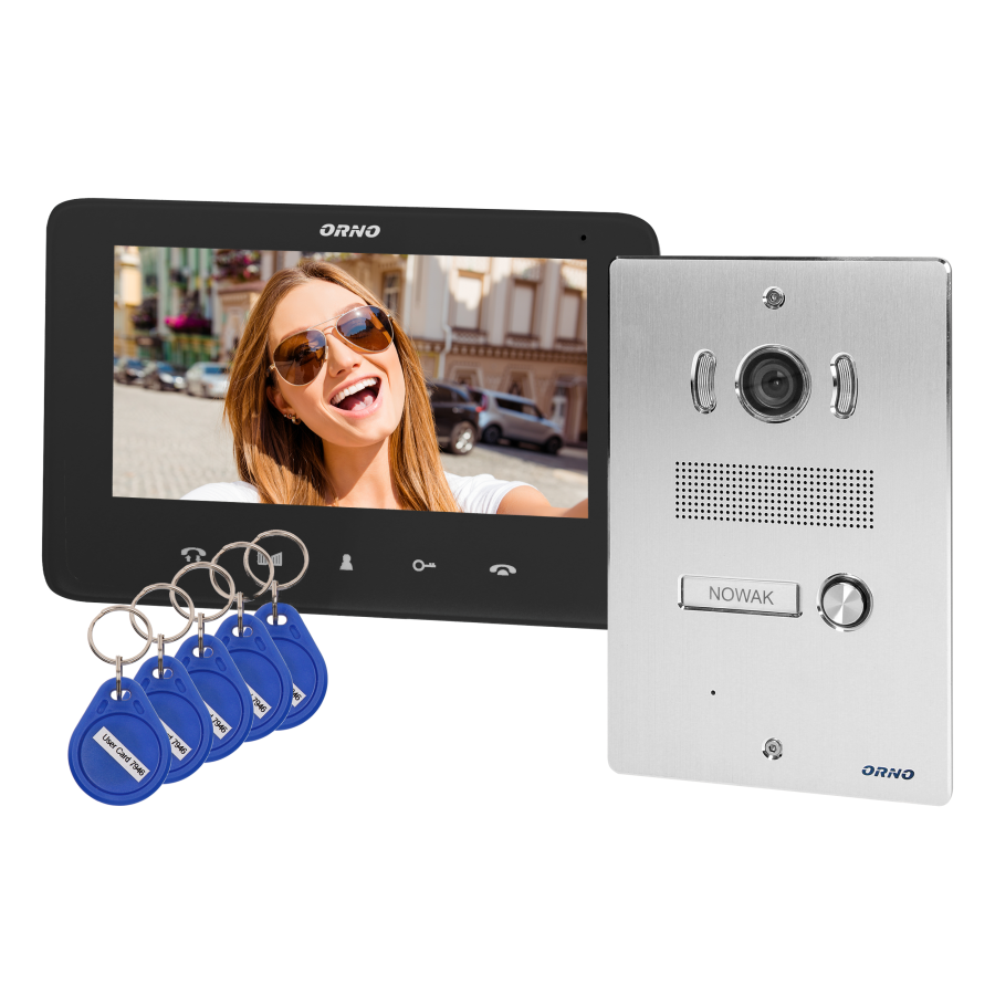 Video doorphone set, handset-free with multicolor 7" LCD screen, proximity tags reader and intercom function, flush-mounted, INDI P