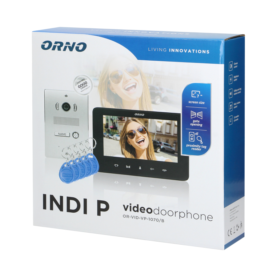 Video doorphone set, handset-free with multicolor 7" LCD screen, proximity tags reader and intercom function, flush-mounted, INDI P