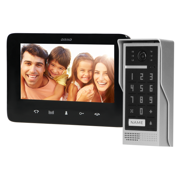 Video doorphone set, handset-free with multicolor 7" LCD screen, code lock and intercom function, surface-mounted, black, SCUTI