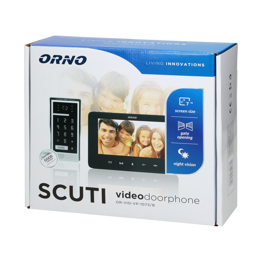 Video doorphone set, handset-free with multicolor 7" LCD screen, code lock and intercom function, surface-mounted, black, SCUTI