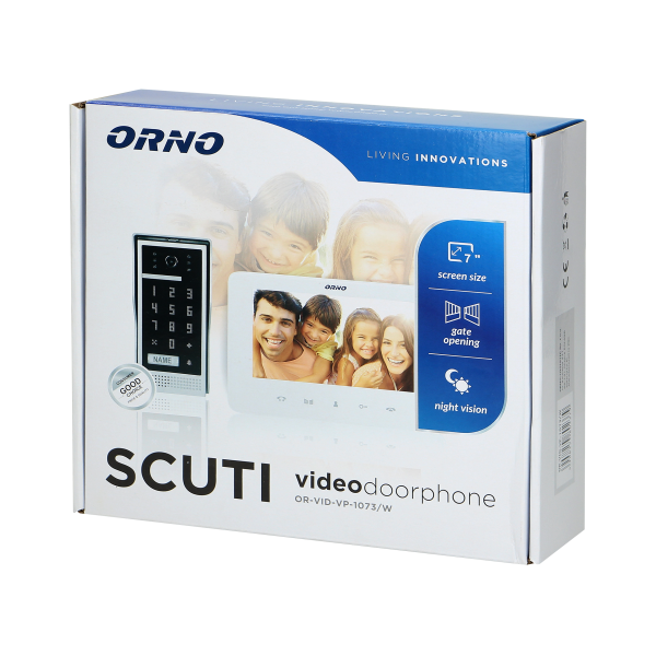 Video doorphone set, handset-free with multicolor 7" LCD screen, code lock and intercom function, surface-mounted, white, SCUTI