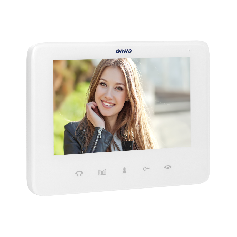 Video doorphone set, handset-free with multicolor 7" LCD screen, code lock and intercom function, surface-mounted, white, SCUTI