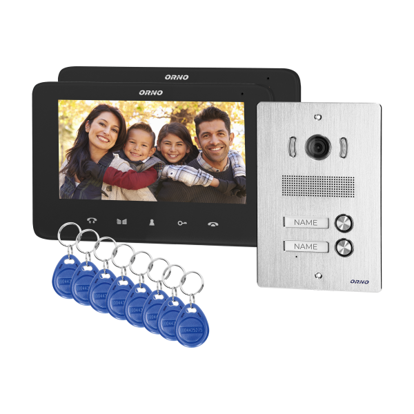 Two-family video doorphone set, handset-free with multicolor 7" LCD screen, proximity tags reader and intercom function, flush-mounted, INDI MULTI P