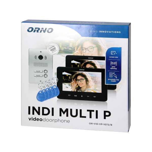 Two-family video doorphone set, handset-free with multicolor 7" LCD screen, proximity tags reader and intercom function, flush-mounted, INDI MULTI P