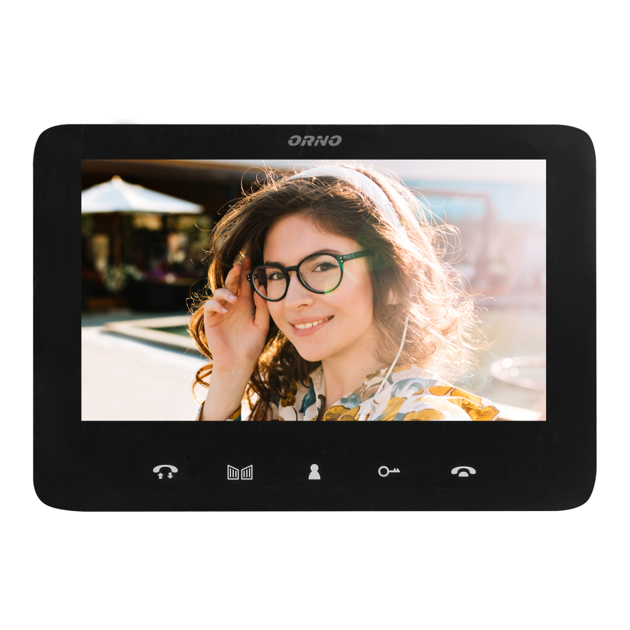 Handset-free video monitor with multicolor 7" LCD screen, for the extension of INDI and SCUTI series, with gate opening and intercom functions, black