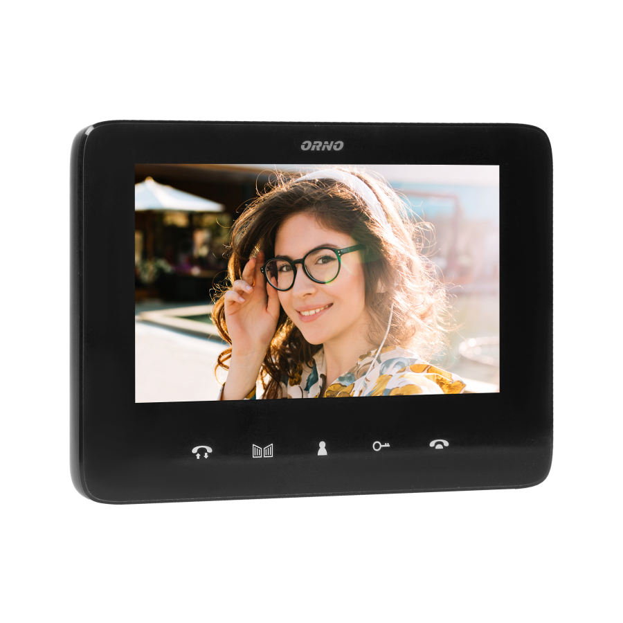 Handset-free video monitor with multicolor 7" LCD screen, for the extension of INDI and SCUTI series, with gate opening and intercom functions, black