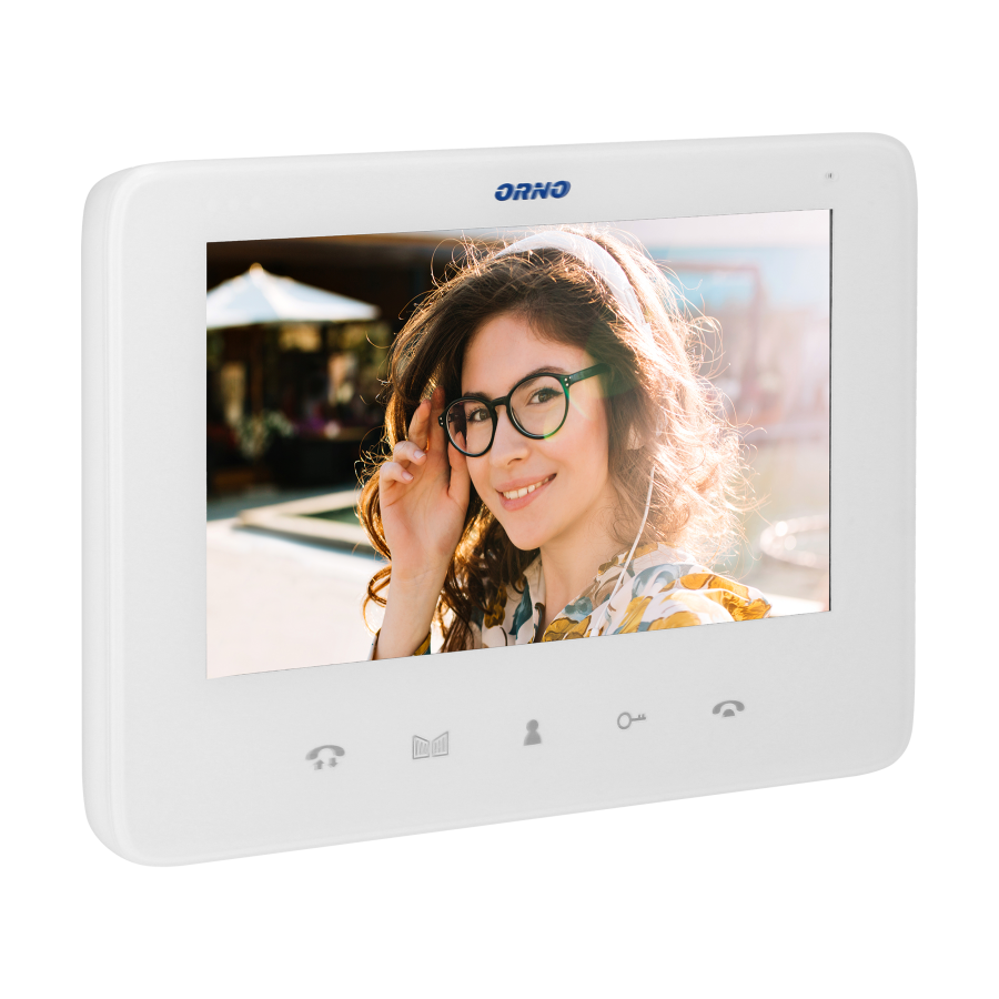 Handset-free video monitor with multicolor 7" LCD screen, for the extension of INDI and SCUTI series, with gate opening and intercom functions, white