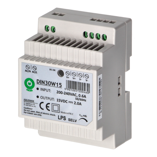 DIN rail power supply, 15VDC, 2.0A