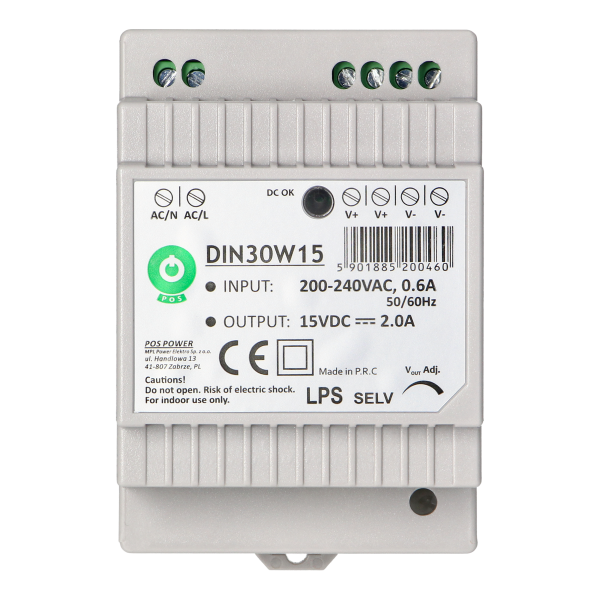 DIN rail power supply, 15VDC, 2.0A
