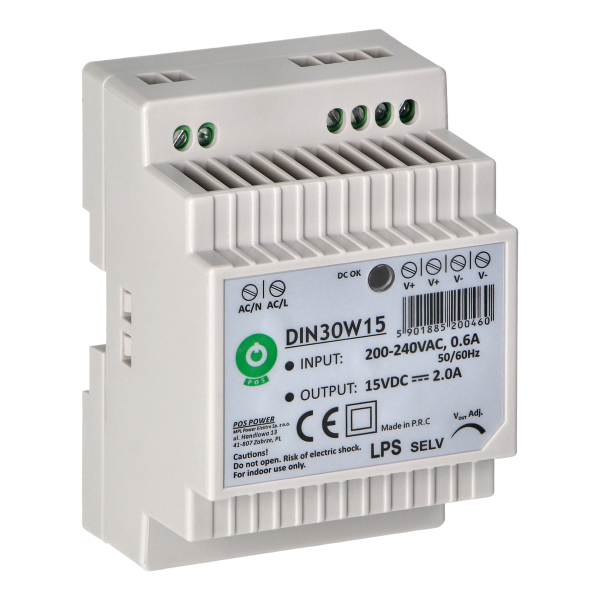 DIN rail power supply, 15VDC, 2.0A