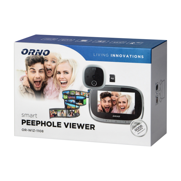 Electronic door viewer with integrated motion sensor and 4.3'' LCD screen, image and video recording on Micro SD card, menu in 4 languages, inbuilt battery