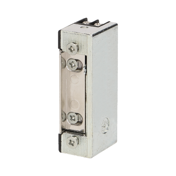 Symmetric electric strike with lock, low current coil