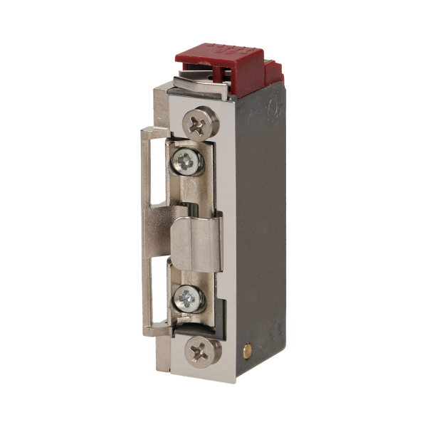 Electric strike with latch guide and unclosed door signalling, reversible, MINI, low current coil