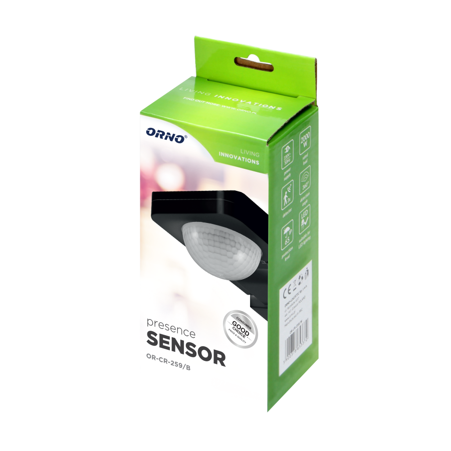 Motion and presence sensor 360°, IP65, 2000W, range max. 20m, black