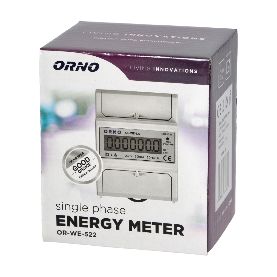 1 phase electricity consumption indicator, 80A, 3 modules, DIN TH-35mm