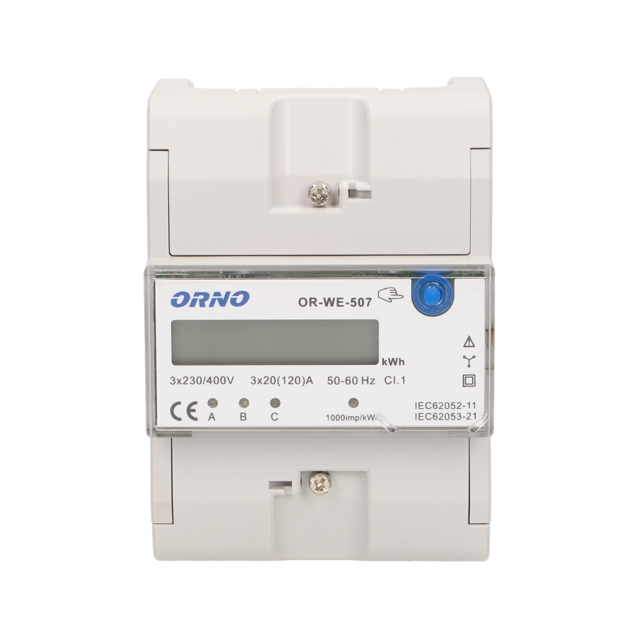 3-fazowy wskaźnik energii elektrycznej, 120A, 5 modułów, DIN TH-35mm, dodatkowy przycisk