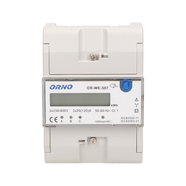 3-fazowy wskaźnik energii elektrycznej, 120A, 5 modułów, DIN TH-35mm, dodatkowy przycisk