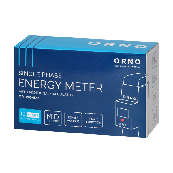 1-phase electricity consumption meter, 80A, MID, RS485, additional display, pulse output, RESET button, 2 modules, DIN TH-35mm 1-phase electricity consumption meter, 80A, MID, RS485, additional display, pulse output, RESET button, 2 modules, DIN TH-35mm