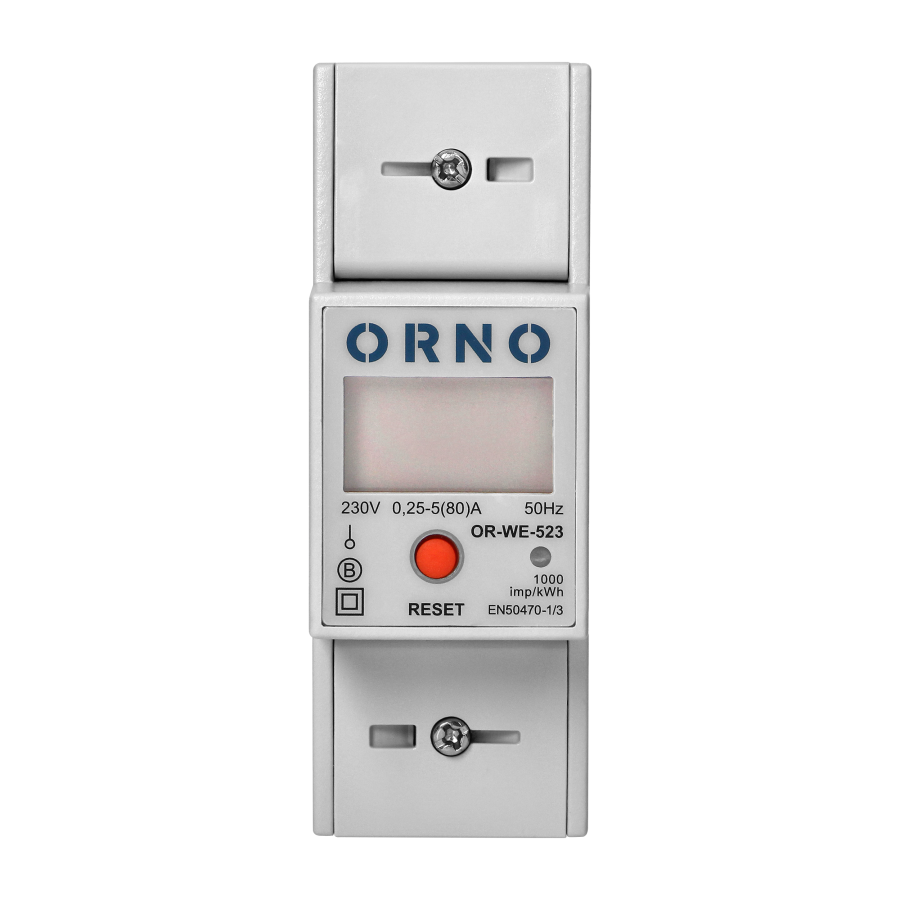 1-fazowy licznik zużycia energii elektrycznej, 80A, MID, RS485, dodatkowy wskaźnik, wyjście impulsowe, przycisk RESET, 2 moduły, DIN TH-35mm