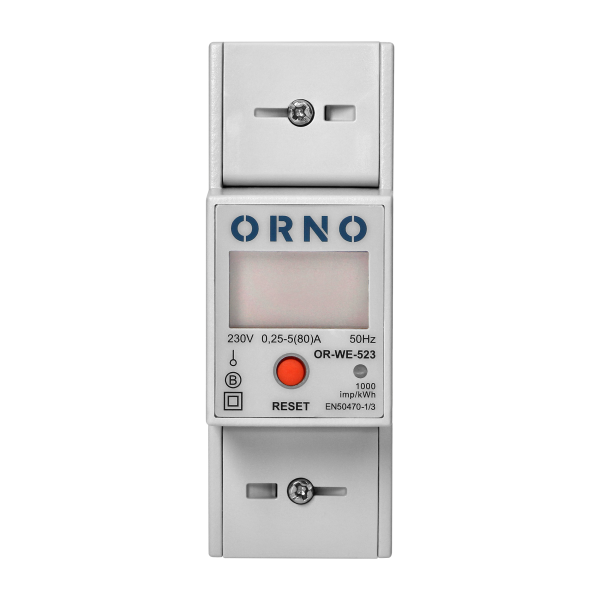 1-phase electricity consumption meter, 80A, MID, RS485, additional display, pulse output, RESET button, 2 modules, DIN TH-35mm 1-phase electricity consumption meter, 80A, MID, RS485, additional display, pulse output, RESET button, 2 modules, DIN TH-35mm
