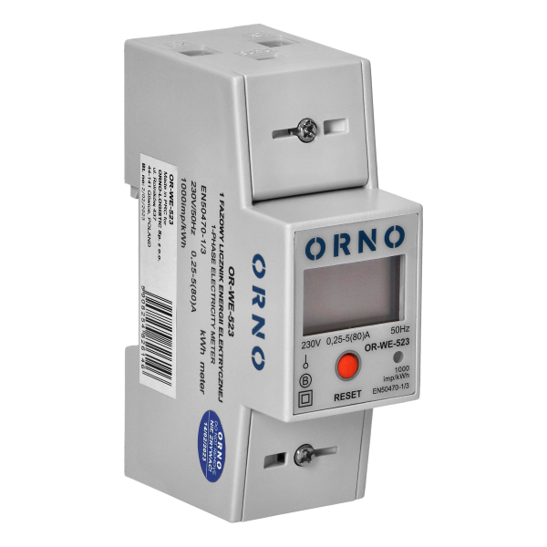 1-phase electricity consumption meter, 80A, MID, RS485, additional display, pulse output, RESET button, 2 modules, DIN TH-35mm 1-phase electricity consumption meter, 80A, MID, RS485, additional display, pulse output, RESET button, 2 modules, DIN TH-35mm