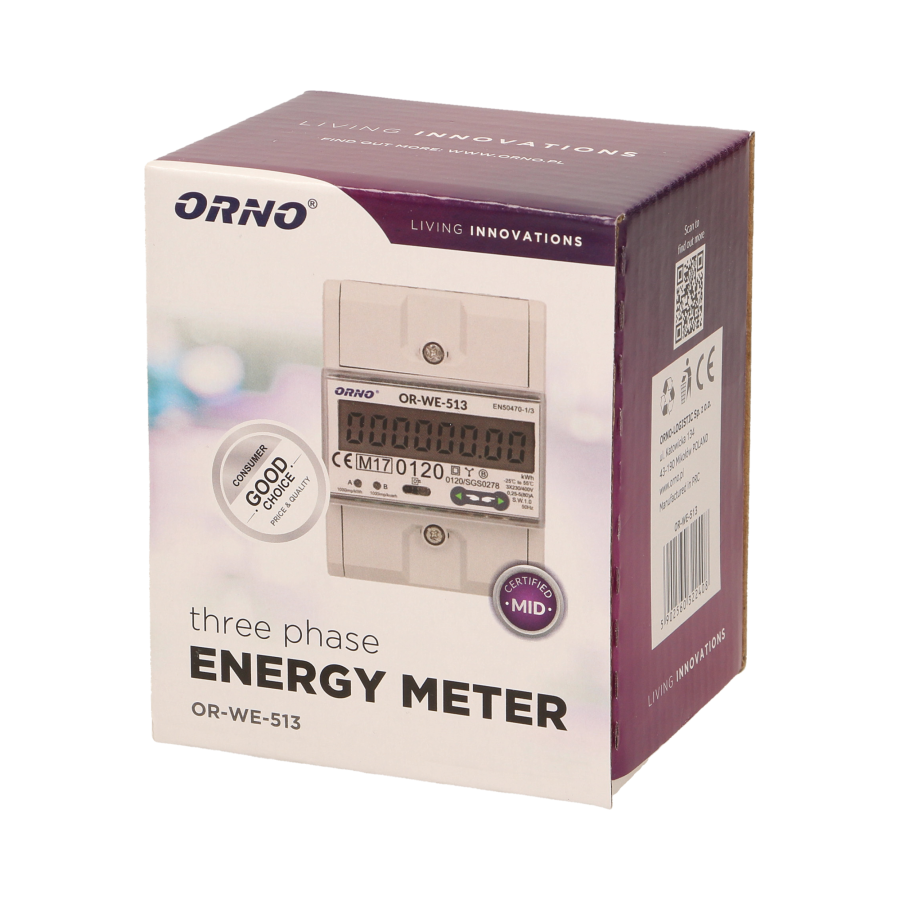 3-phase energy meter, 80A, MID, 4,5 modules, DIN TH-35mm