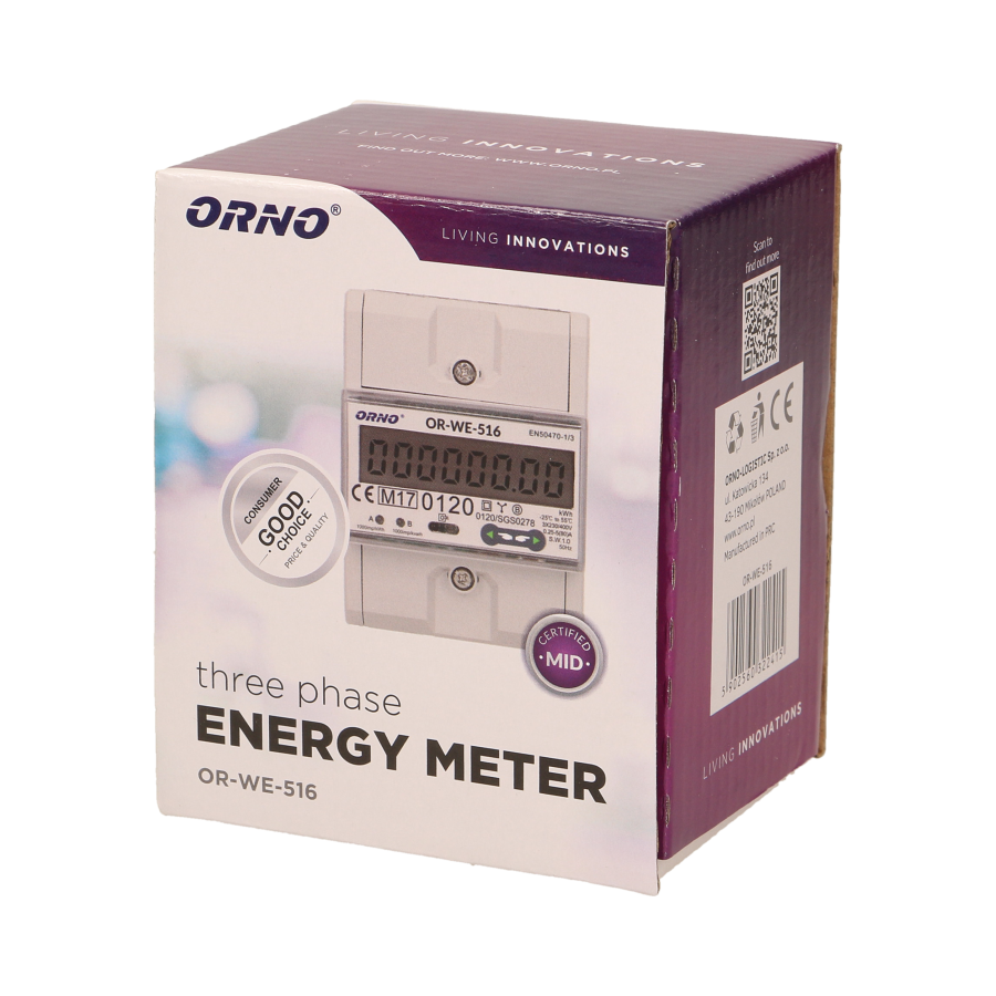 3-phase energy meter with RS-485, 80A, MID, 4,5 modules, DIN TH-35mm