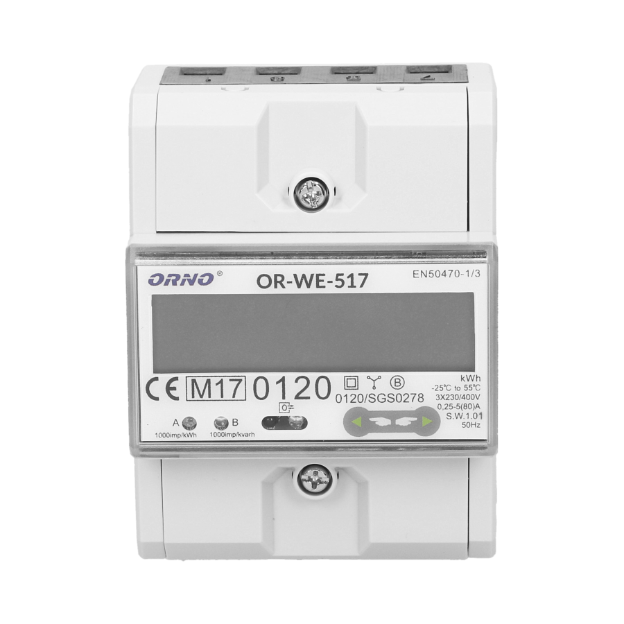 3-phase multi-tariff energy meter with RS-485, 80A. 4,5 modules, DIN TH-35mm