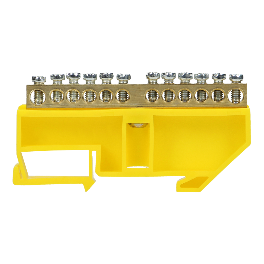 Distribution brass busbar PE, 12 wires, yellow