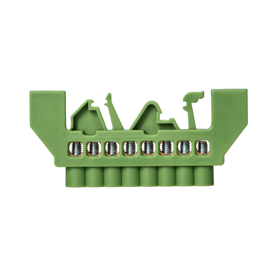 Insulated brass busbar PE, 8 wires, green