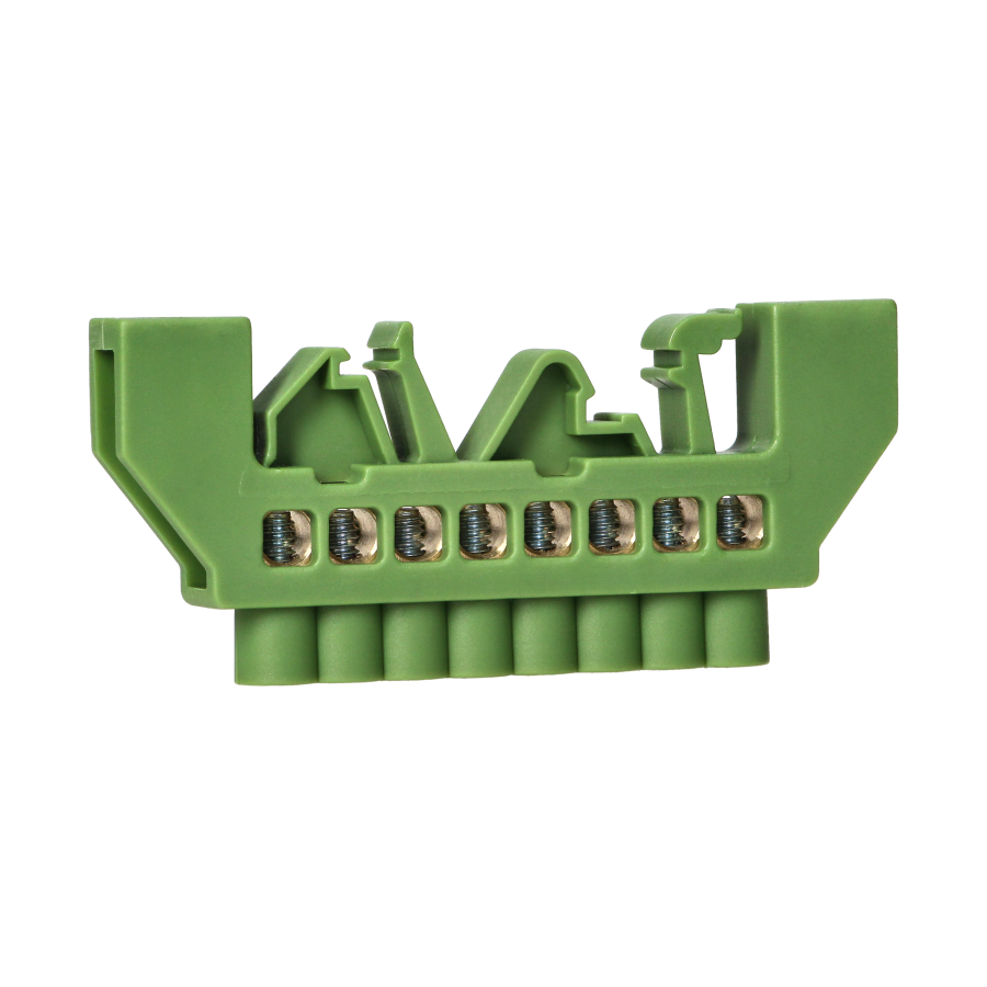 Insulated brass busbar PE, 8 wires, green
