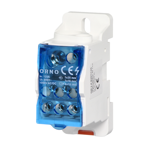 Power distribution block 125A, input terminal 1x16mm² and 1x35mm², output terminals 6x16mm². Power distribution block 125A, input terminal 1x16mm² and 1x35mm², output terminals 6x16mm².