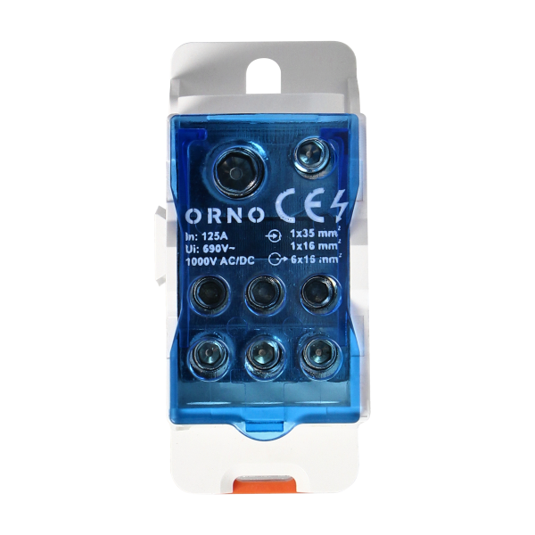Power distribution block 125A, input terminal 1x16mm² and 1x35mm², output terminals 6x16mm². Power distribution block 125A, input terminal 1x16mm² and 1x35mm², output terminals 6x16mm².