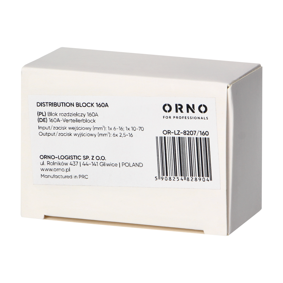 Power distribution block 160A, input terminal 1x16mm2 and 1x70mm2, output terminals 6x16mm2, DIN-rail mounting