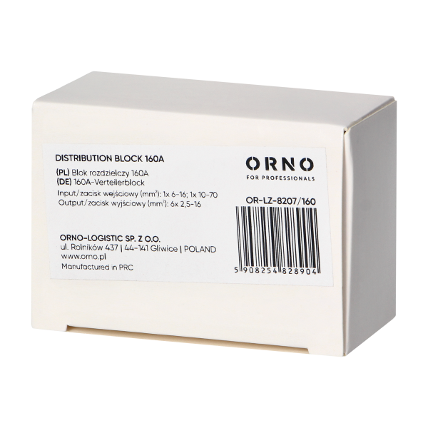 Power distribution block 160A, input terminal 1x16mm2 and 1x70mm2, output terminals 6x16mm2, DIN-rail mounting