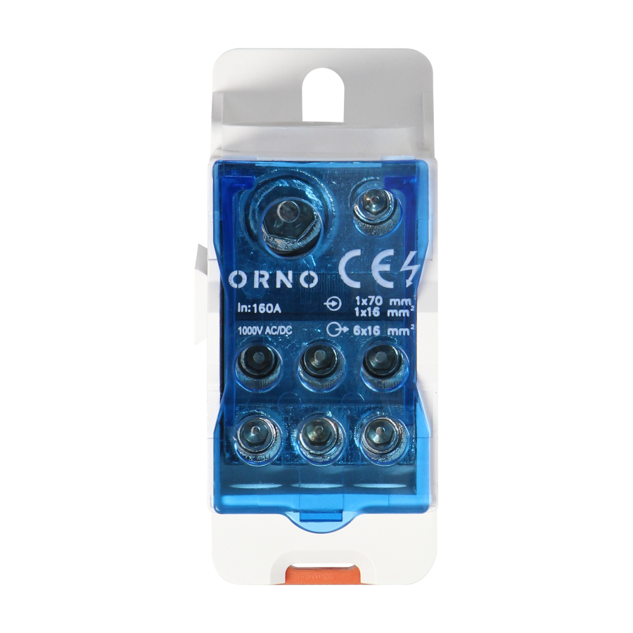 Power distribution block 160A, input terminal 1x16mm2 and 1x70mm2, output terminals 6x16mm2, DIN-rail mounting