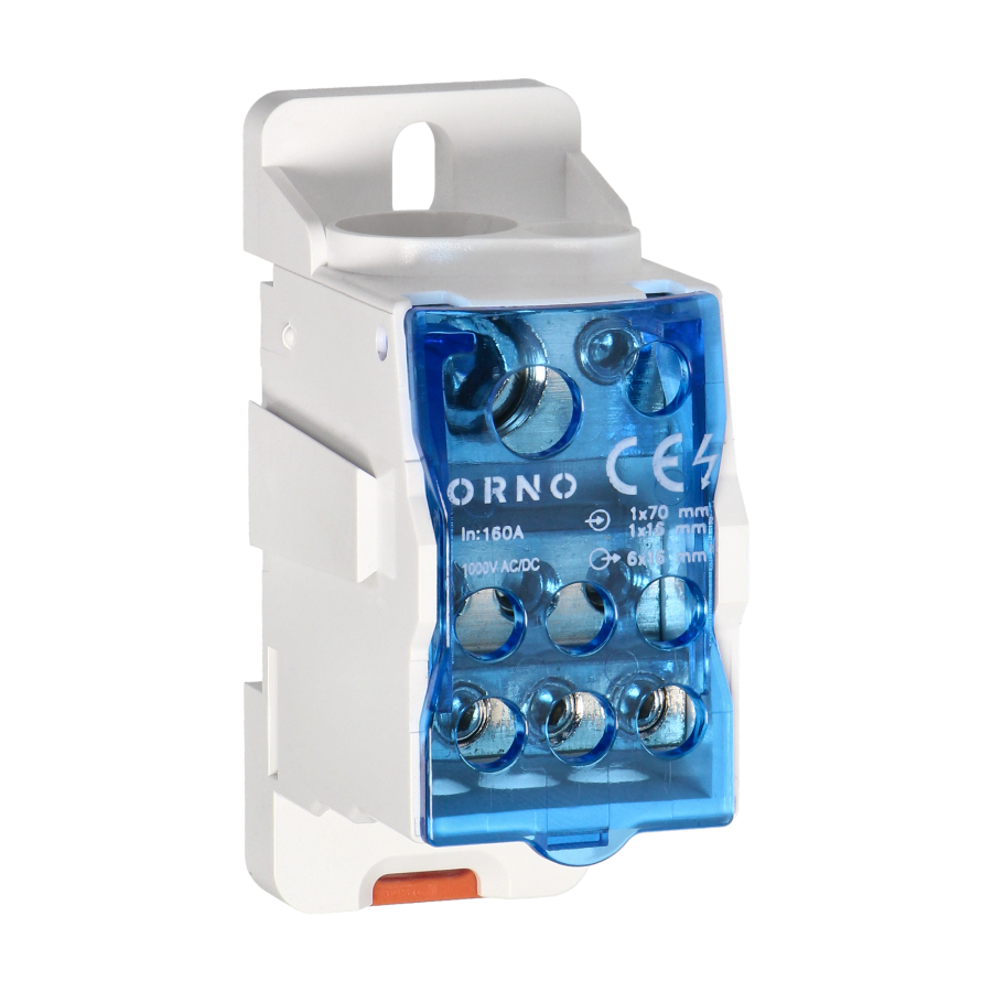 Power distribution block 160A, input terminal 1x16mm2 and 1x70mm2, output terminals 6x16mm2, DIN-rail mounting