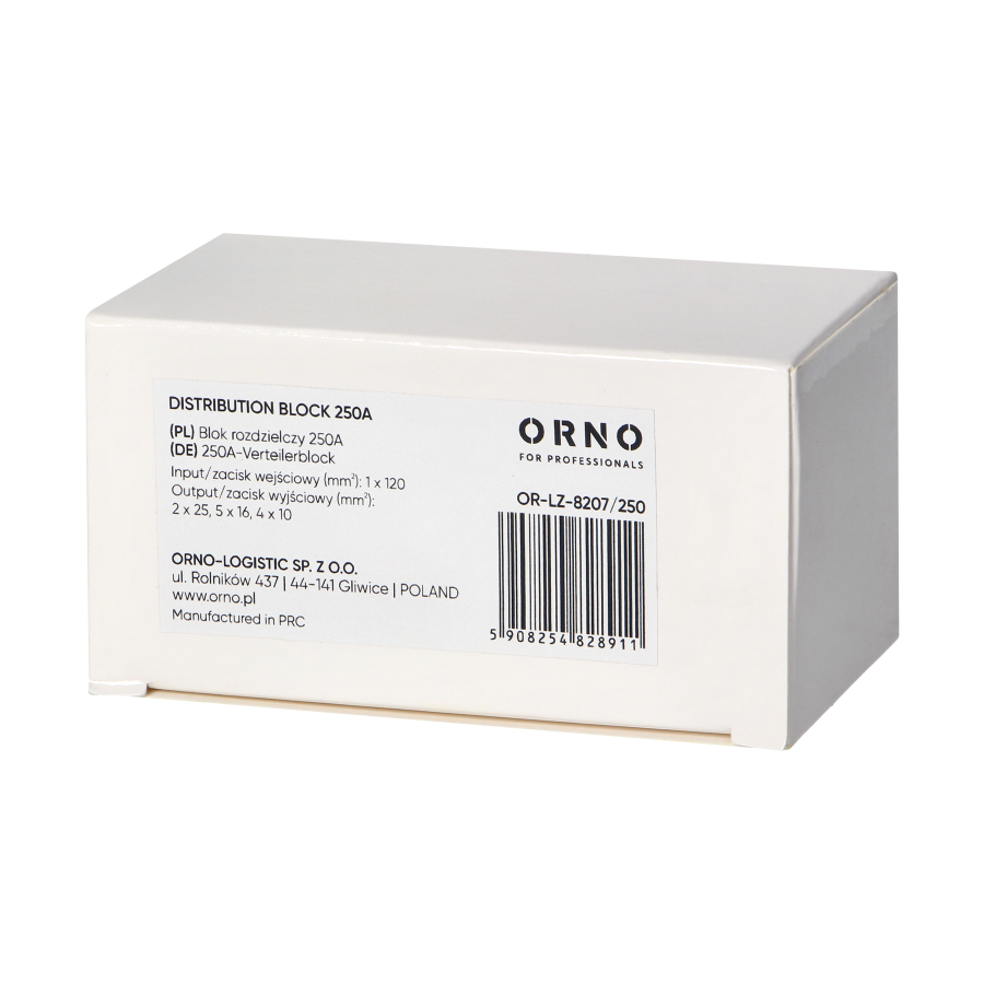 Distribution block 250A, input terminal 1x120mm², output terminals 4x10 and 5x16 and 2x25mm²