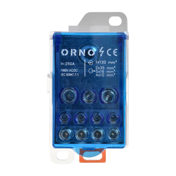Distribution block 250A, input terminal 1x120mm², output terminals 4x10 and 5x16 and 2x25mm² Distribution block 250A, input terminal 1x120mm², output terminals 4x10 and 5x16 and 2x25mm²