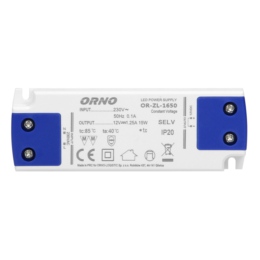 Flat power adaptor for LED, 12VDC 15W, IP20, height: 16.5mm