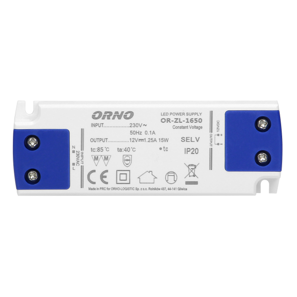 Flat power adaptor for LED, 12VDC 15W, IP20, height: 16.5mm