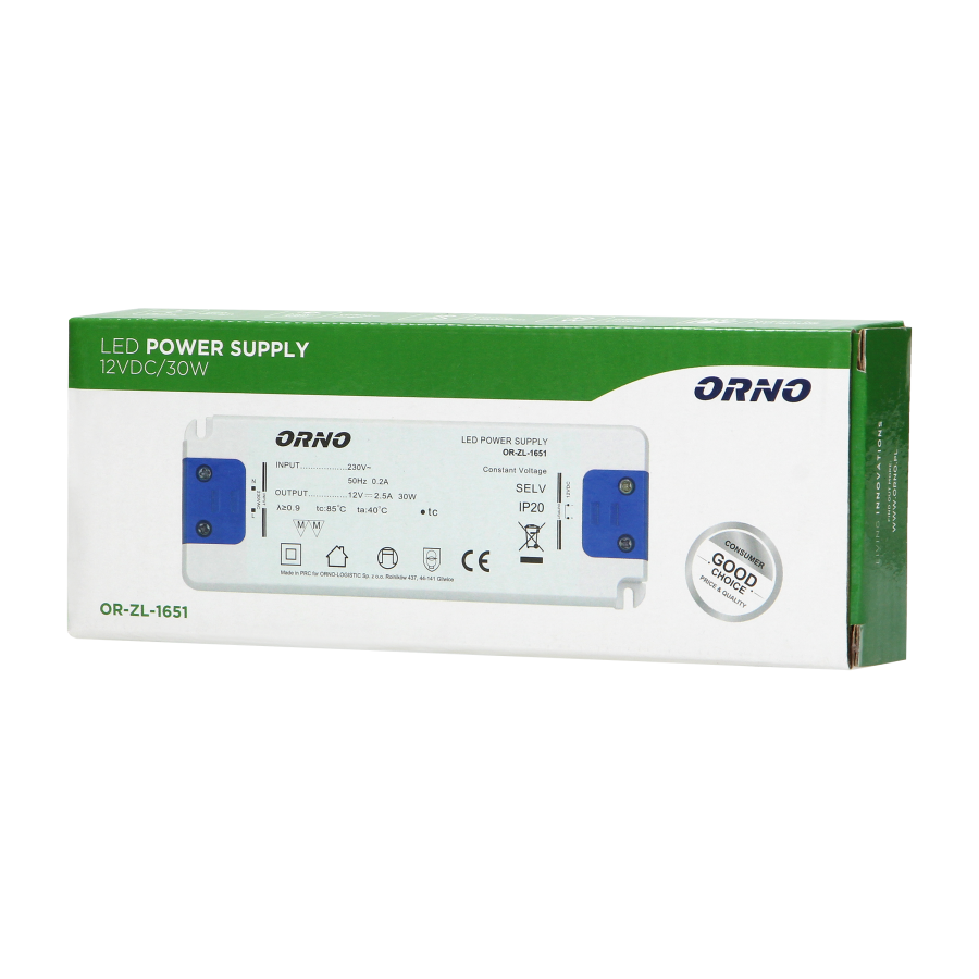 Flat power adaptor for LED, 12VDC 30W, IP20, height: 18mm