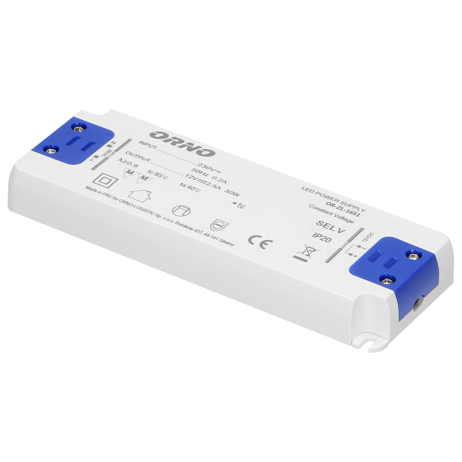 Flat power adaptor for LED, 12VDC 30W, IP20, height: 18mm