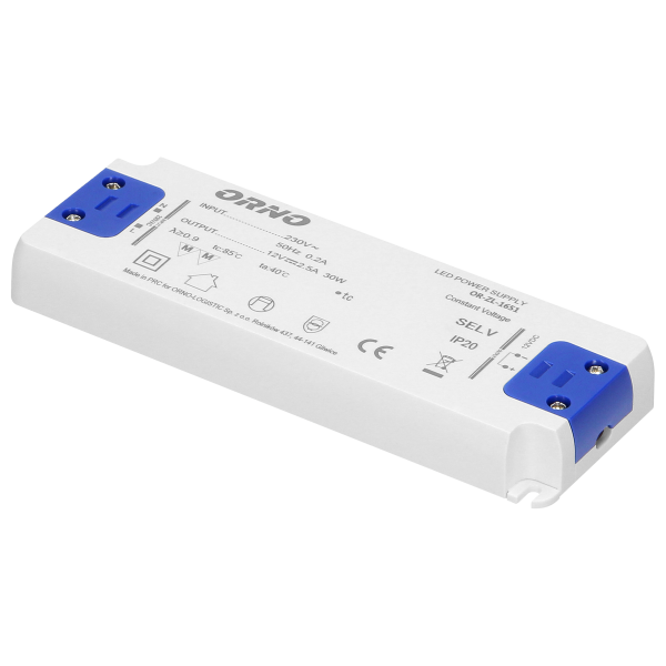 Flat power adaptor for LED, 12VDC 30W, IP20, height: 18mm