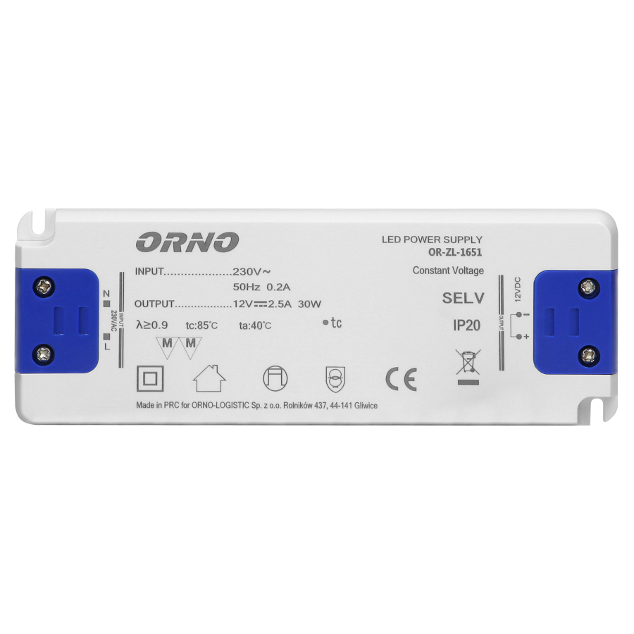 Flat power adaptor for LED, 12VDC 30W, IP20, height: 18mm