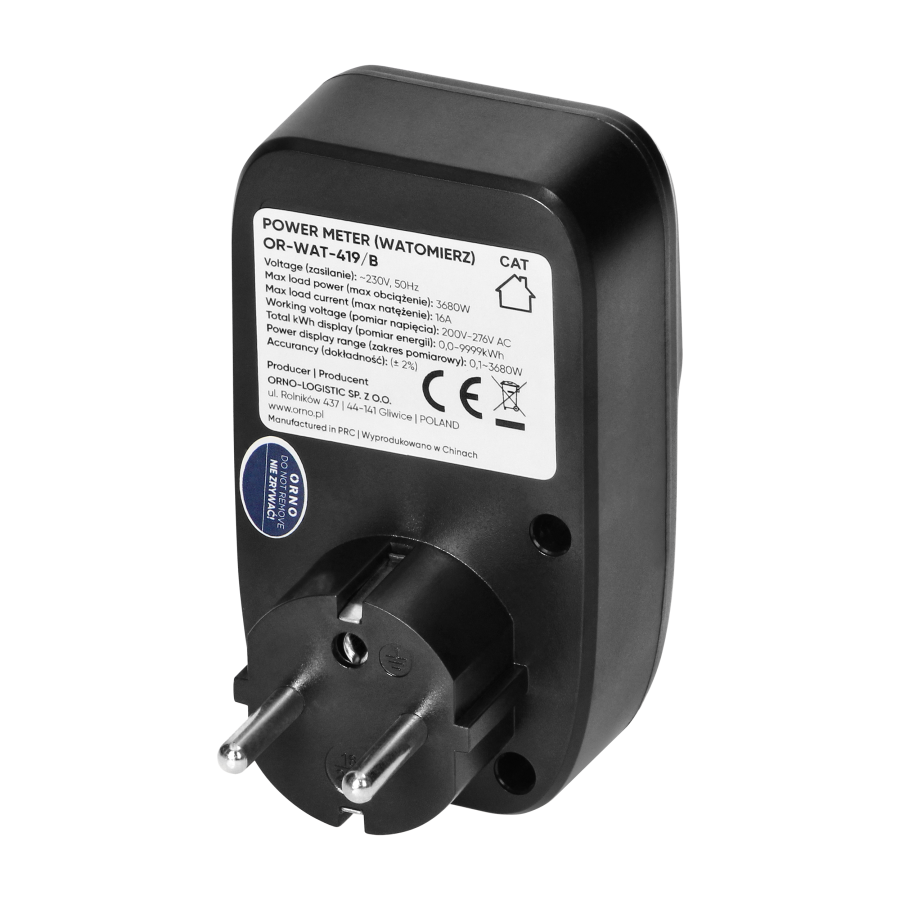 Watomierz, kalkulator energii z podświetlanym wyświetlaczem LCD, czarny