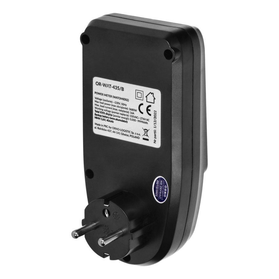 Watomierz, kalkulator energii z wyświetlaczem LCD, czarny