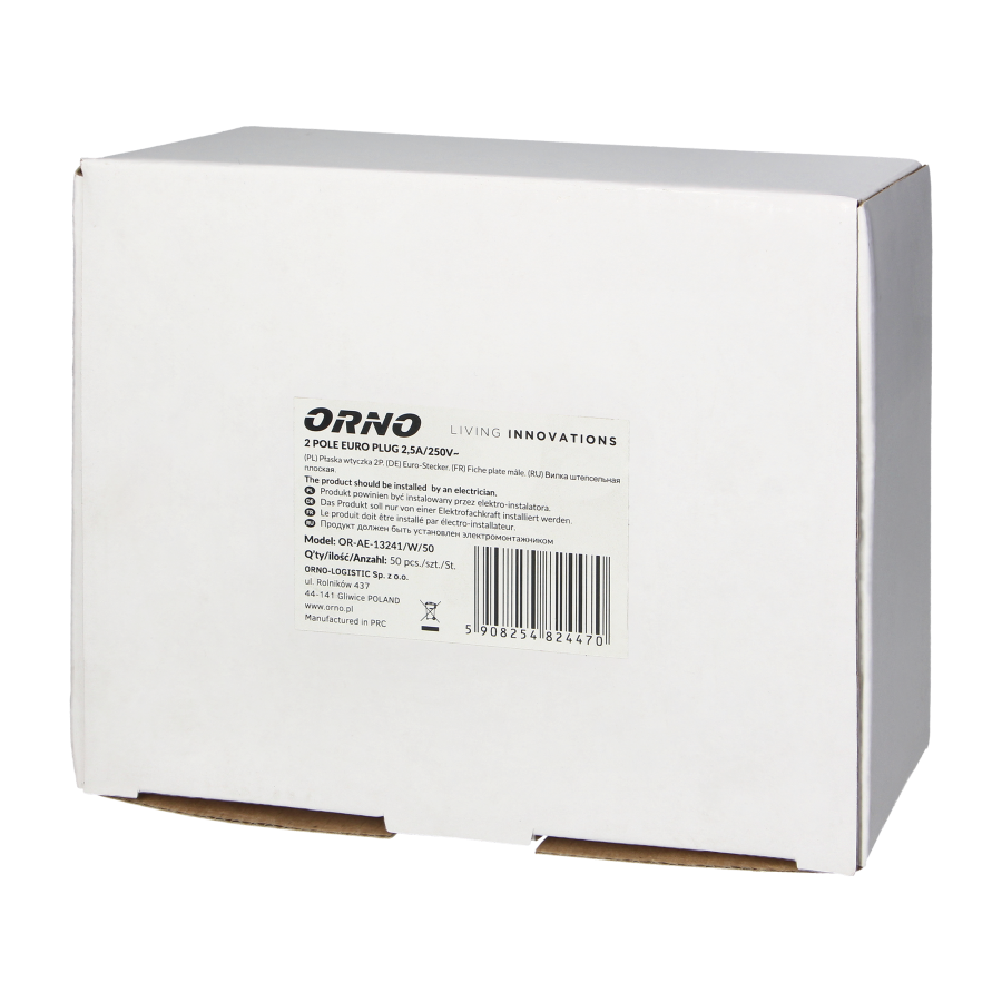 Wtyczka płaska bez uziemienia, 2,5A, 250V, biały poliwęglan, 50 sztuk