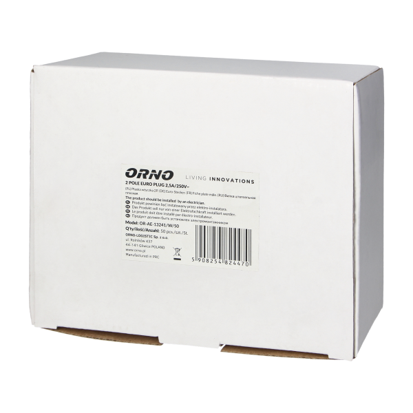 Flat plug without earthing pins 2,5A, 250V, white, polycarbonate, 50 pcs