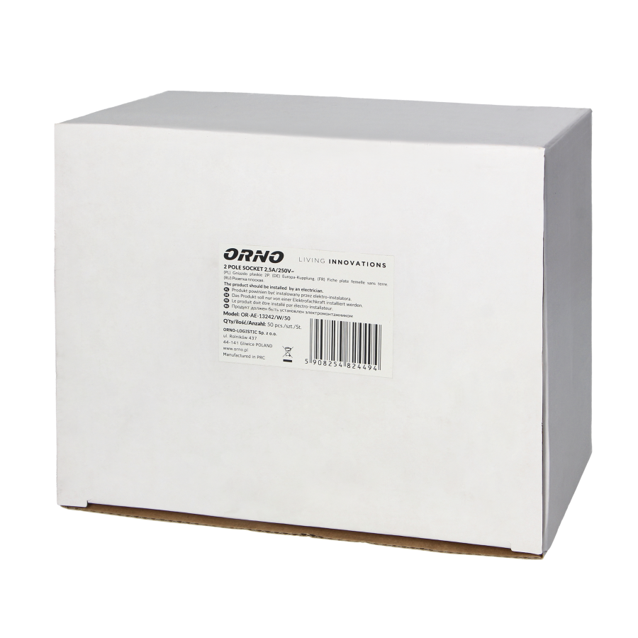 Gniazdo płaskie bez uziemienia, 2,5A, 250V, biały poliwęglan, 50 sztuk